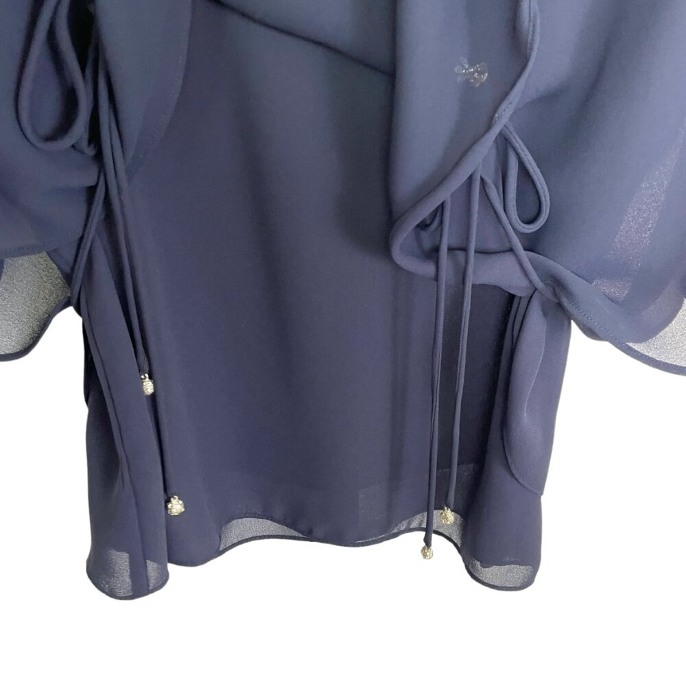 Victoria Morgan Vintage Navy Blue Cape style Top Silver bow accents Size Medium - Picture 10 of 12